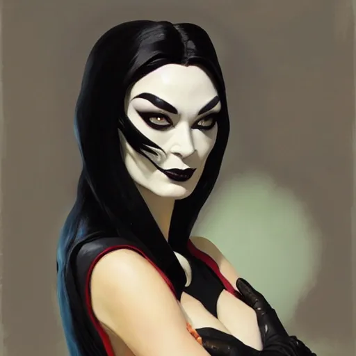 Image similar to greg manchess portrait painting of partially armored morticia from addams family as overwatch character, medium shot, asymmetrical, profile picture, organic painting, sunny day, matte painting, bold shapes, hard edges, street art, trending on artstation, by huang guangjian and gil elvgren and greg rutkowski