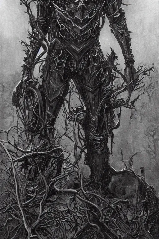 Prompt: portrait of beautiful gothic and futuristic young man, warcraft, cyber and rocks armor whith some trees, a lot of more and more scars, thunderstorm, black with white head, the middle ages, highly detailed, artstation, illustration, more and more composision, 8 k quality, art by jean delville