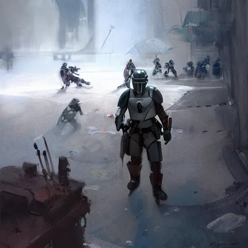 Image similar to the mandalorian, ice hockey setting, by craig mullins, jeremy mann, jeremy mann.