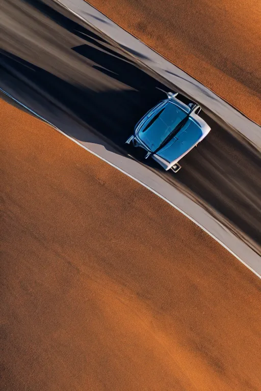 Image similar to Drone Photo of a Porsche 911 Carrera 3.2 on a wide winding road, volumetric lighting, Desert, summer, Cinematic, award winning.