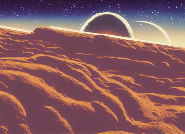 Image similar to 1 9 8 0 s science fiction anime background painting of a desert alien planet