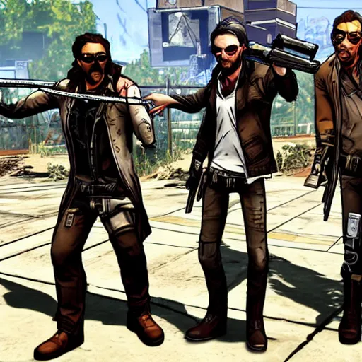 Image similar to the boondock saints in the borderlands game, cyberpunk weapons,