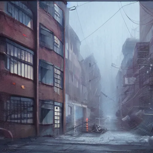 Prompt: An industrial, gloomy city, in the style of Disco Elysium concept art