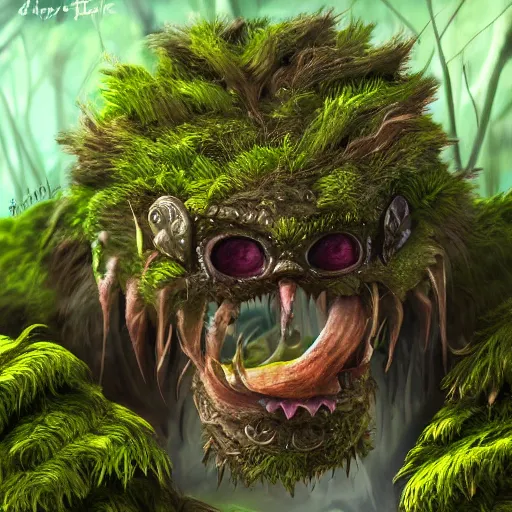 Image similar to A fierce plant monster, highly detailed, digital art, sharp focus, trending on art station, leaves, moss, ferns, ape