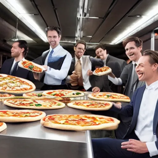 Prompt: a conveyor belt with pizzas, two men in suits tasting and smiling maniacally