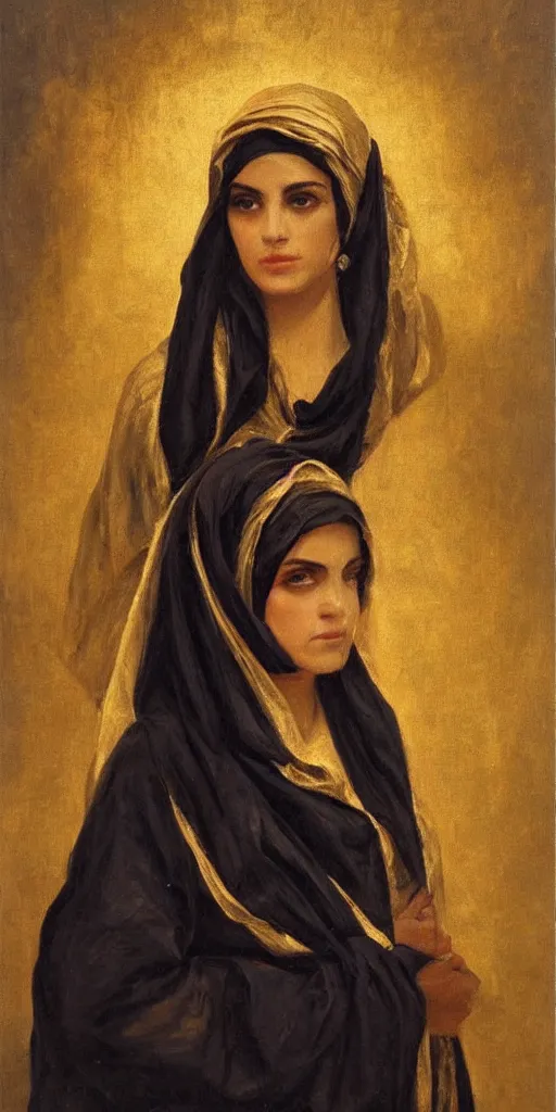 Image similar to romantic period style atmospheric oil painting of a middle eastern woman with intense eyes, wearing a golden veil