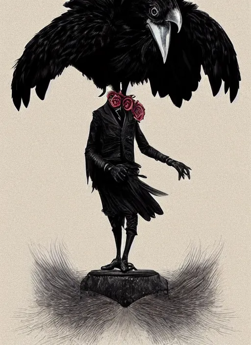 Image similar to an anthropomorphic raven dressed as edgar allen poe, detailed digital art, trending on artstation