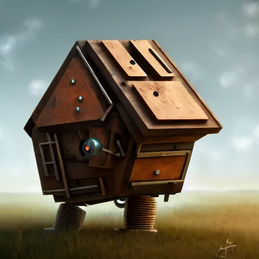 Image similar to a walking wood and metal house with two mechanical legs and two eyes, rust, hyperrealistic, highly detailed, cinematic, single ray of sun, morning, pareidolia, gravity falls style, beautiful, cgssociety, artstation, 8 k, oil painting, digital art