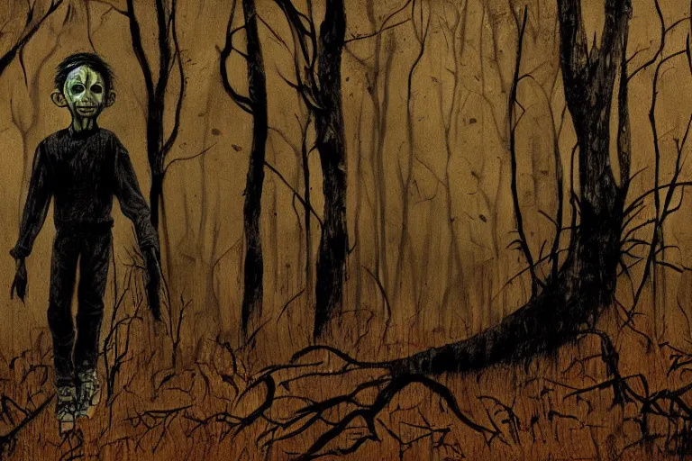 Prompt: horror painting of Missing 411 anomaly young boy lost in the woods by ben templesmith