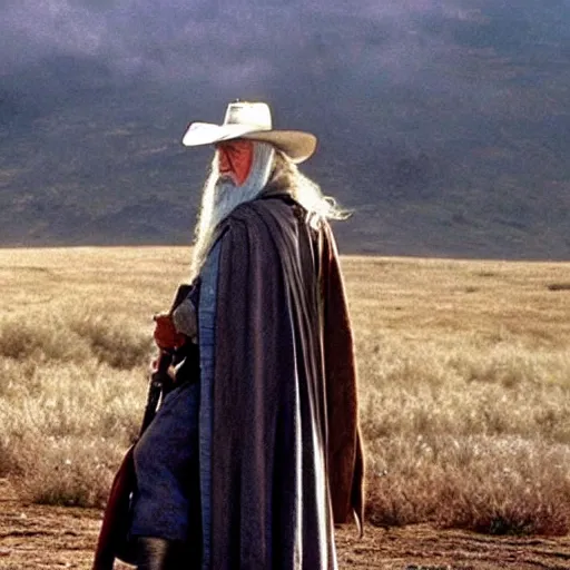 Prompt: Gandalf wearing a cowboy hat. Movie still from lord of the rings the fellowship of the ring