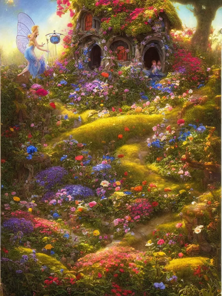 Image similar to a whimsical fairy house in a beautiful garden of flowers Justin Gerard, morning light, tarot card