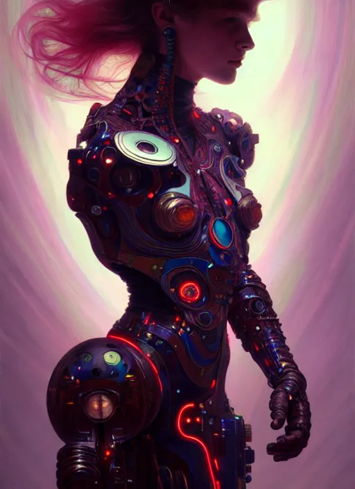 Image similar to psychedelic cyborg, diffuse lighting, fantasy, intricate, elegant, highly detailed, lifelike, photorealistic, digital painting, artstation, illustration, concept art, smooth, sharp focus, art by John Collier and Albert Aublet and Krenz Cushart and Artem Demura and Alphonse Mucha