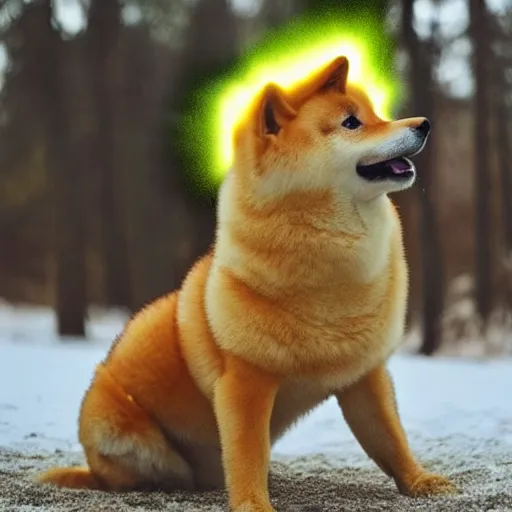 Image similar to real life super saiyan shiba inu with glowing yellow fur shooting a kamehameha energy beam