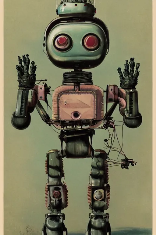 Image similar to extreme wide shot of a 1950s retro Cactus robot, with space above the head. Full Body. Bionic Arms and eyes. pop surrealism, muted colours. by Jean-Baptiste Monge, wide shot