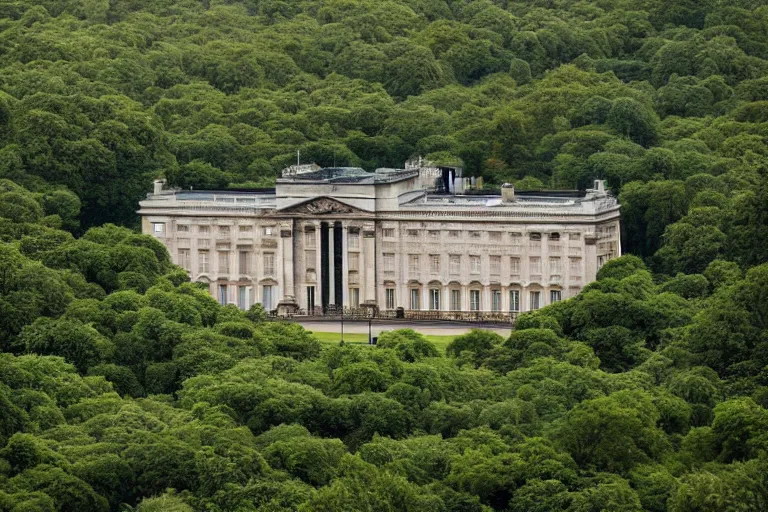 Image similar to buckingham palace inside a jungle, atmospheric