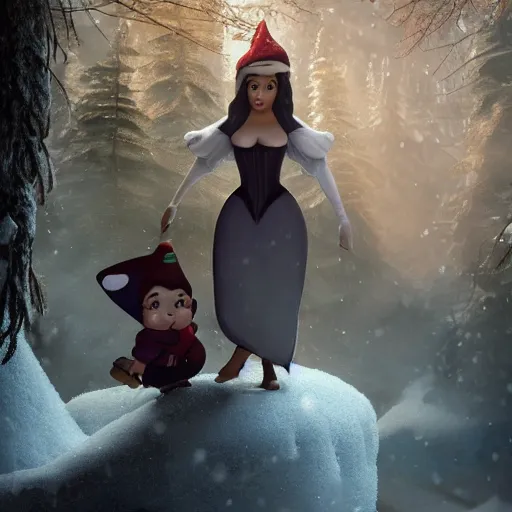 Prompt: Kim Kardashian being carried by gnomes, kim dressed as snow white, atmospheric lighting, intricate detail, cgsociety, hyperrealistic, octane render, RPG portrait, ambient light, dynamic lighting, hyper detailed, elegant, cinematic, awe inspiring, beautiful, unreal engine, 8k ultra hd, artstationHD, hyper detailed, elegant, cinematic, awe inspiring