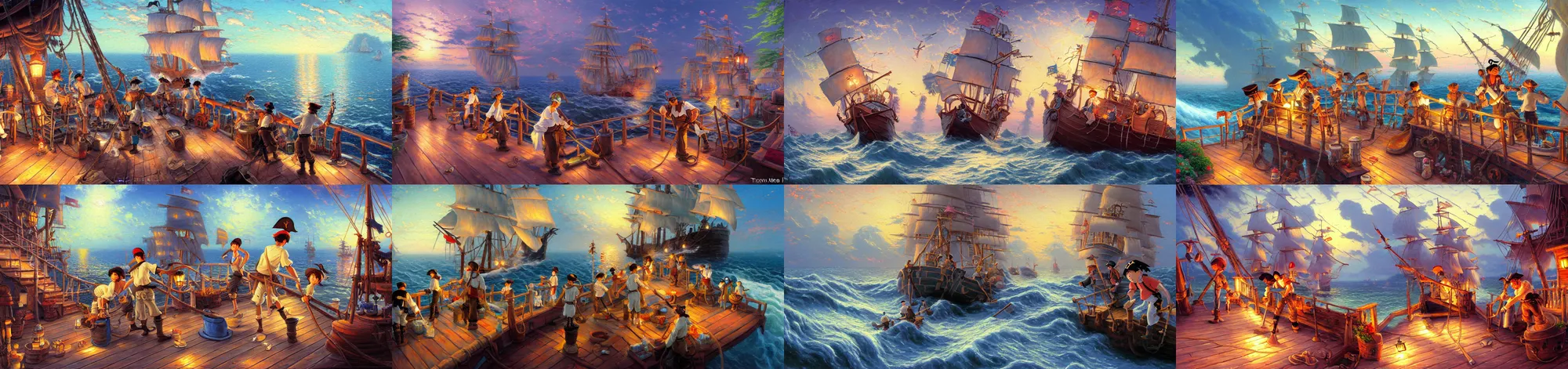 Prompt: A painting of a pirates scrubbing the deck of their ship by Thomas Kinkade in the style of Studio Ghibli,