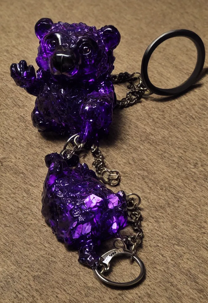 Image similar to a deep purple crystal bear keychain by greg rutkowski, sung choi, mitchell mohrhauser, maciej kuciara, johnson ting, maxim verehin, peter konig, 8 k photorealistic, cinematic lighting, hd, high details, dramatic, atmosphereric, trending on artstation