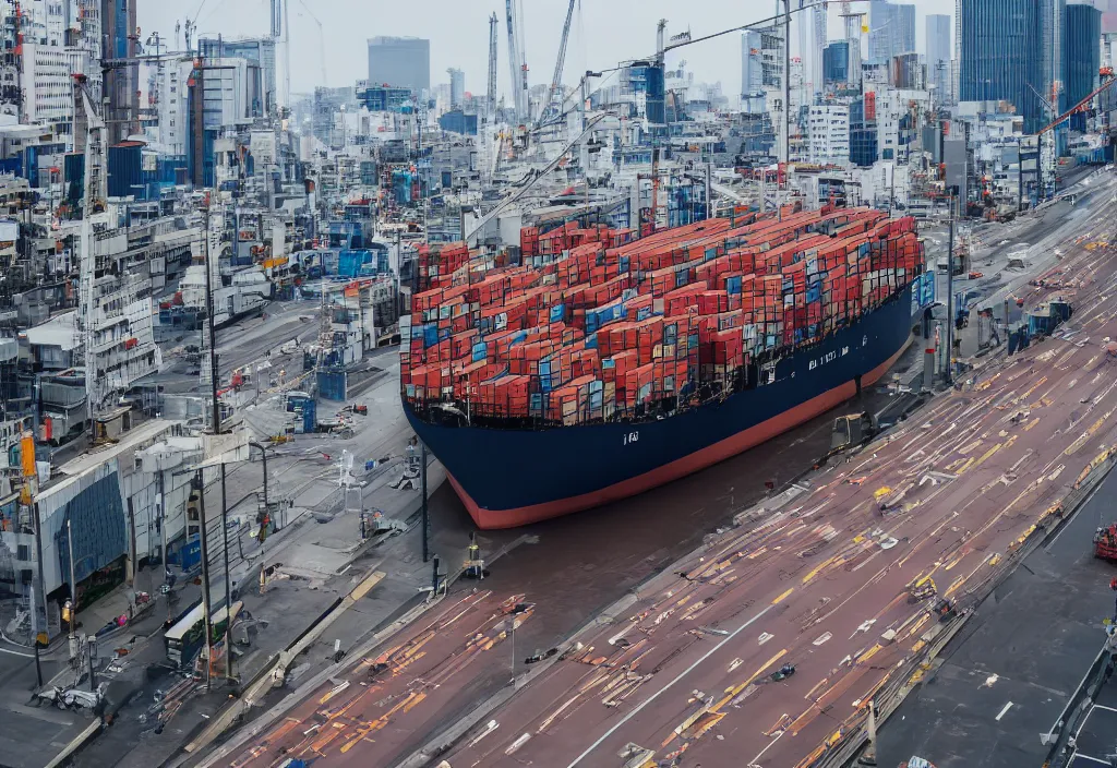 Prompt: Cargo ship drifting in Tokyo streets. highly detailed. wide angle shot. depth of field. high definition. 8k. photography.