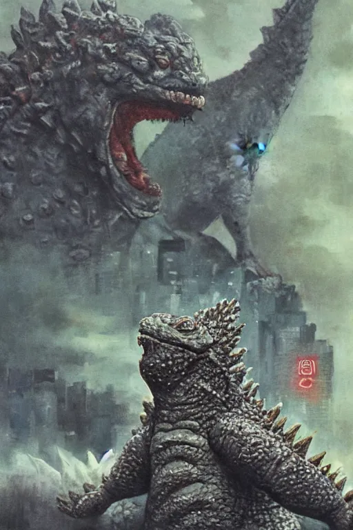 Image similar to a painting of baby godzilla, 4 k, very detailed,