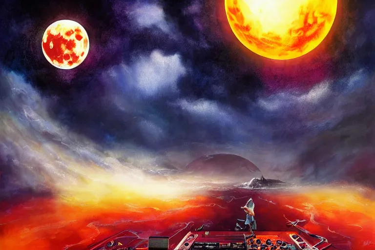 Prompt: nuclear blast moon eclipse sci-fi wet brush poster art neo-primitivism painting of surreal beauitiful Hardstyle DJ, by Ross Tran, highly detailed, hyperrealism, excellent composition, cinematic concept art, dramatic lighting, abstract water color painting strokes, hyper realistic, soft light, 8k