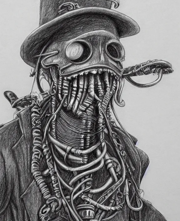 Image similar to a detailed pencil drawing of a steampunk davy jones