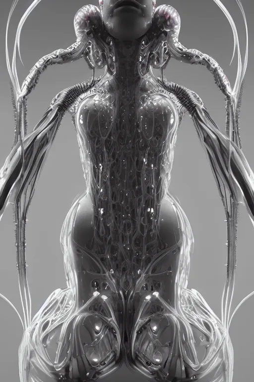 Image similar to iris van herpen, perfect symmetrical body, full body shot, inflateble shapes, wires, tubes, veins, jellyfish, white biomechanical details, wearing epic bionic cyborg implants, masterpiece, intricate, biopunk, vogue, highly detailed, artstation, concept art, cyberpunk, octane render