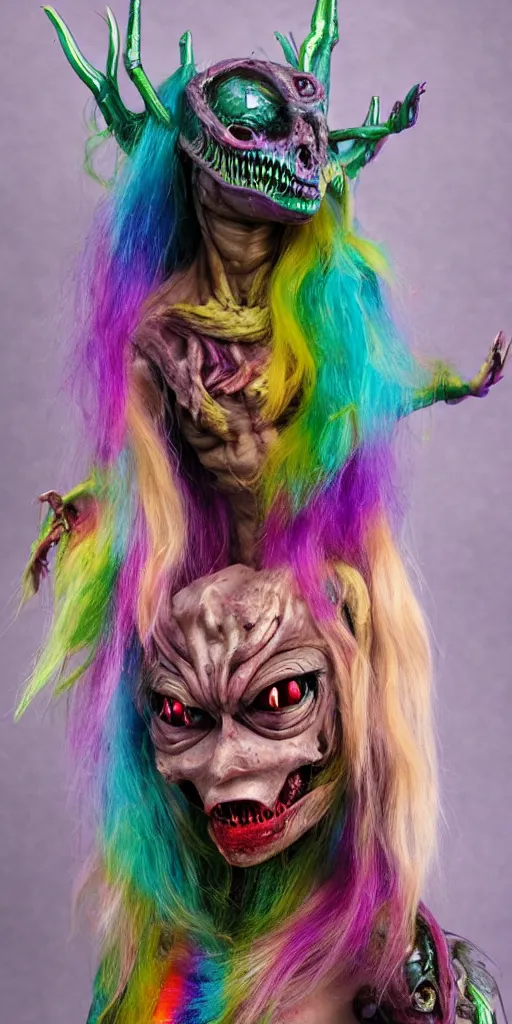 Image similar to a brutal terrifying and mysterious weird toy monster of chaos warped in horror with long rainbow - colored hair, her skin has gaps, spikes, and complex alien textures, terrifying and mysterious