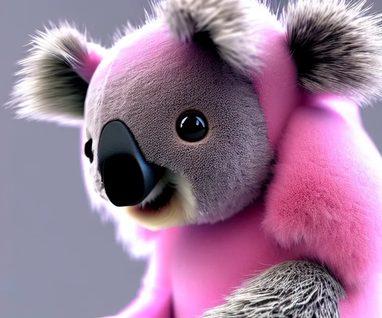 Image similar to high quality 3 d render hyperrealistic very cute small koala, plush mascot, short spiky dense fluffy smooth hair, photo from the side, pink fluffy fur, 1 5 0 mm, beautiful natural soft light, rim light, vray, smooth background, artstation, ultra detailed