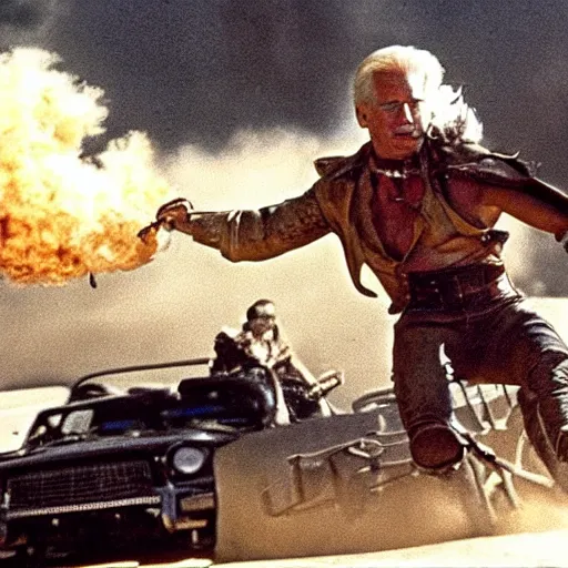 Prompt: The coolest action shot of the lead actor Joe Biden whirling a leather whip on a buggy from the movie Mad Max (1988)