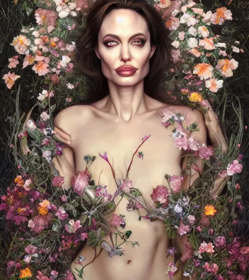 Image similar to portrait of the angelina jolie, surrounded by flowers by karol bak, james jean, tom bagshaw, rococo, symmetrical eyes, trending on artstation, cinematic lighting, hyper realism, octane render, 8 k, hyper detailed.