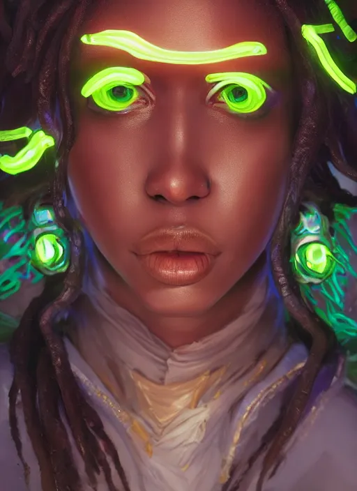 Image similar to senna from league of legends, au naturel, hyper detailed, brown skin, glowing green neon eyes, wearing white jacket, digital art, trending in artstation, cinematic lighting, studio quality, smooth render, unreal engine 5 rendered, octane rendered, art style by klimt and nixeu and ian sprigger and wlop and krenz cushart