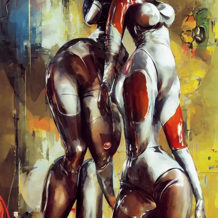 Image similar to slim and cute african domme mistress, full body, dominatrix, rubber and latex, tribal, smooth white surroundings, future, high tech, concept art, realistic painting, digital art by john berkey, by takashi murakami