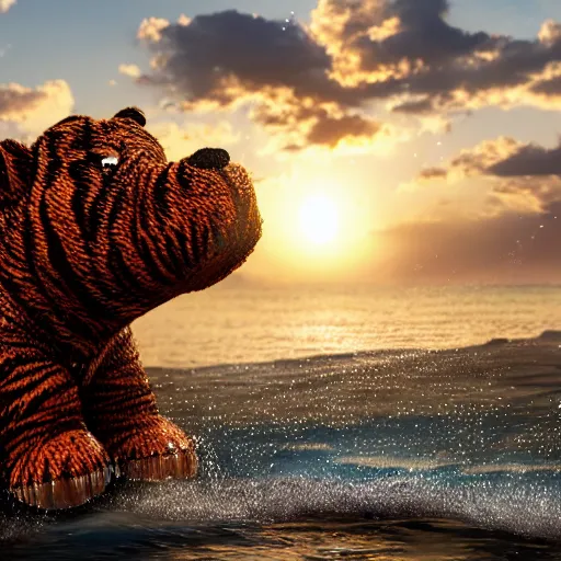 Image similar to a closeup photorealistic photograph of a cute smiling knitted tiger hippopotamus chasing a beachball at sunset. surf in the background. professional capture. this 4 k hd image is trending on artstation, featured on behance, well - rendered, extra crisp, features intricate detail, epic composition and the style of unreal engine.