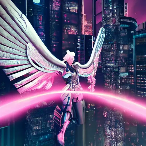 Prompt: cyberpunk valkyrie flying above a cityscape with wings made of metal, pink and silver armor, high detail, pink smoke rising,