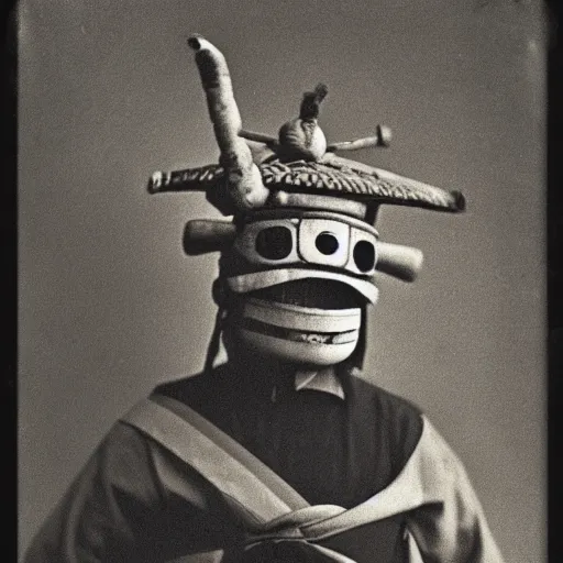 Image similar to samurai wearing a spongebob mask 1 8 0 0 s photograph