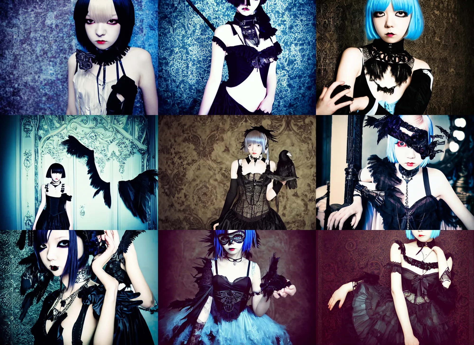 Prompt: lomography, full body portrait photo of young women like reol in a wide victorian ballroom interior at a crowded masquerade party, wearing a dark gothic dress and choker with a raven mask, moody, realistic, dark, skin tinted a warm tone, light blue filter, hdr, rounded eyes,, detailed facial features