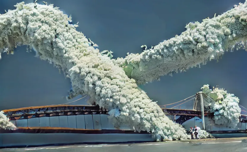 Image similar to a big beautiful bridge collapses after explosions in the form of white cotton plants, 3 d octane render, epic lighting, 8 k, by goro fujita