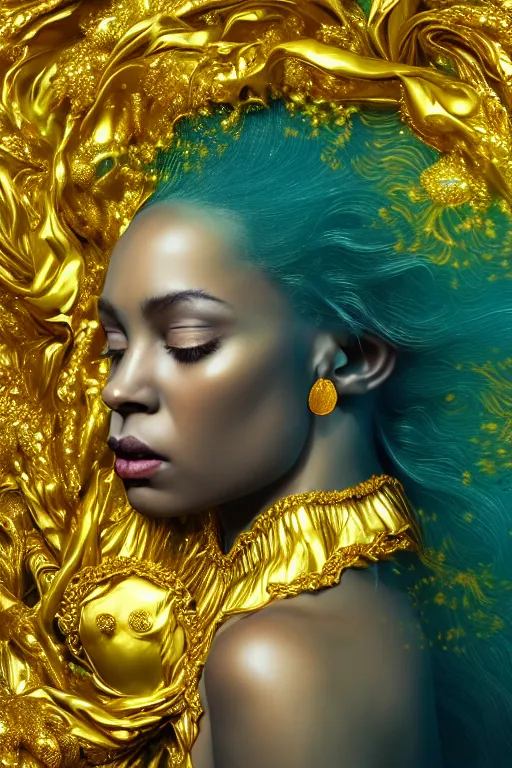 Image similar to hyperrealistic neo - rococo cinematic super expressive! oshun goddess with gold eyes, droplet armor, looking at herself in a liquid mirror, gold flowers, highly detailed digital art masterpiece, smooth etienne sandorfi eric zener dramatic pearlescent soft teal light, ground angle uhd 8 k, sharp focus