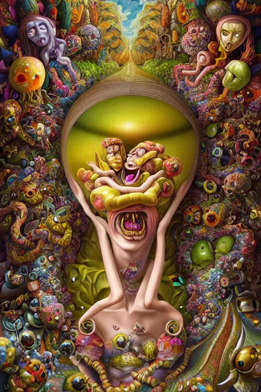 Image similar to hyper - maximalist overdetailed painting by espepelen feat naoto hattori. artstation. deviantart. cgsociety. inspired by hieranonymus bosch and heidi taillefer. surrealism infused lowbrow style. hyperdetailed high resolution render by binx. ly in discodiffusion. dreamlike polished render by machine. delusions. sharp focus.