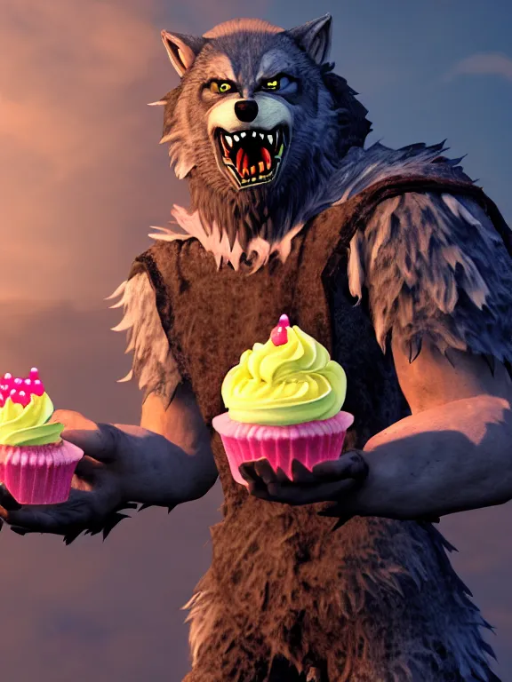 Prompt: cute handsome cuddly burly surly relaxed calm timid werewolf from van helsing holding a cute cupcake with pink frosting in a candy shop sweet unreal engine hyperreallistic render 8k character concept art masterpiece screenshot from the video game the Elder Scrolls V: Skyrim