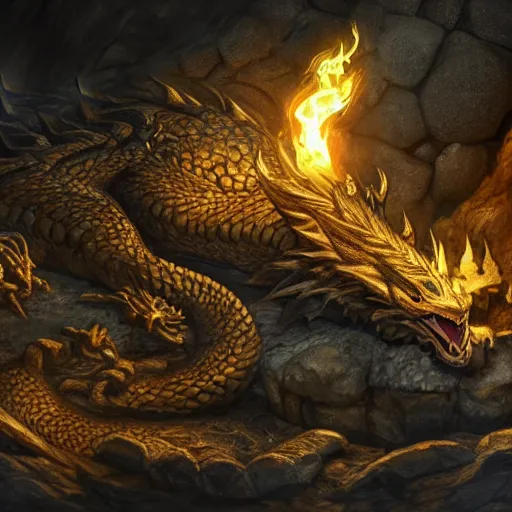 Prompt: a very old dragon laying down and sleeping on a huge pile of gold coins and treasures, scattered about, in a cave, dark - lit with torches along the walls, with many gold coins, many treasures, piled around, very high detail, 8 k, artstation