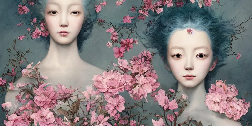 Prompt: breathtaking detailed concept art painting blend of two pink short hair goddess of light blue flowers by hsiao - ron cheng with anxious piercing eyes, vintage illustration pattern with bizarre compositions blend of flowers and fruits and birds by beto val and john james audubon, exquisite detail, extremely moody lighting, 8 k