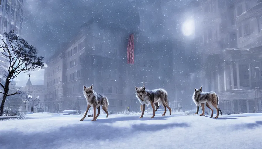 Image similar to wolves in snowy washington dc, snow dunes, damaged buildings, hyperdetailed, artstation, cgsociety, 8 k