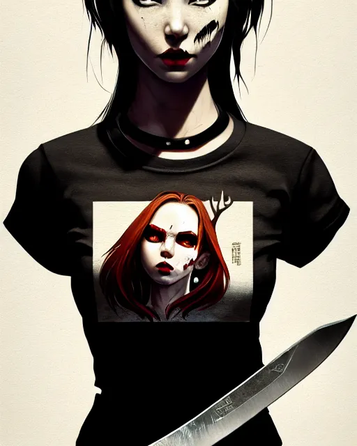 Image similar to full atomic scan face shot of a beautiful warlord girl, in tshirt with her buck knife ready, her morbid interests, irish, by saruei and guweiz and ilya kuvshinov and george miller, digital art, highly detailed, intricate, sharp focus, trending on artstation hq, deviantart, pinterest, unreal engine 5, 4 k uhd image