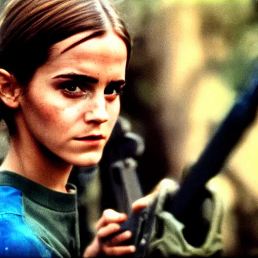 Prompt: film still, close up, emma watson vietnam door gunner, film still from apocalypse now ( 1 9 7 9 ), 2 6 mm, kodak ektachrome, blue tint expired film,