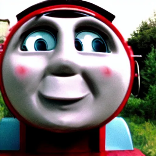 Image similar to thomas the tank engine, uncanny horror, caught on hand cam, scary