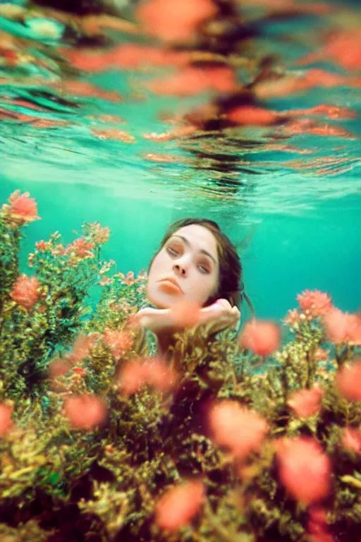 Image similar to film still, underwater view of young woman face with flowers from behind , 35mm