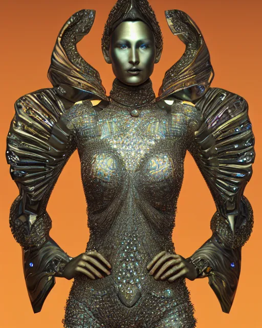 Image similar to a highly detailed metahuman 4 k close up render of an alien goddess bella hadid monument in iris van herpen armor schiaparelli in diamonds crystals swarovski and jewelry iridescent in style of alphonse mucha gustav klimt trending on artstation made in unreal engine 4