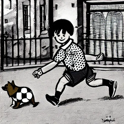 Image similar to illustration of french boy on the streets of paris playing football against a corgi, the dog is wearing a polka dot scarf, comic, 1 9 6 2